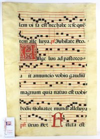 Antiphon for the Annunciation to the Shepherds. Gregorian Chant leaf, c.1600, Spain. Antiphon for the Annunciation to the Shepherds. Gregorian Chant leaf, c.1600, Spain.