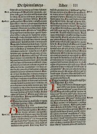 The Works of St. Ambrosius. Incunable leaf, 1492. Hand initials. The Works of St. Ambrosius. Incunable leaf, 1492. Hand initials.