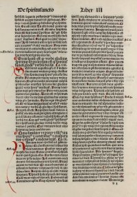 Finely printed & decorated incunable leaf. Works of Saint Ambrose. 1492. Finely printed & decorated incunable leaf. Works of Saint Ambrose. 1492.
