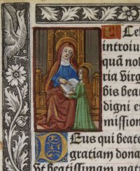 Miniature of St. Anne teaching Mary. Pigouchet/Vostre vellum printed Book of Hours, c.1500. Miniature of St. Anne teaching Mary. Pigouchet/Vostre vellum printed Book of Hours, c.1500.