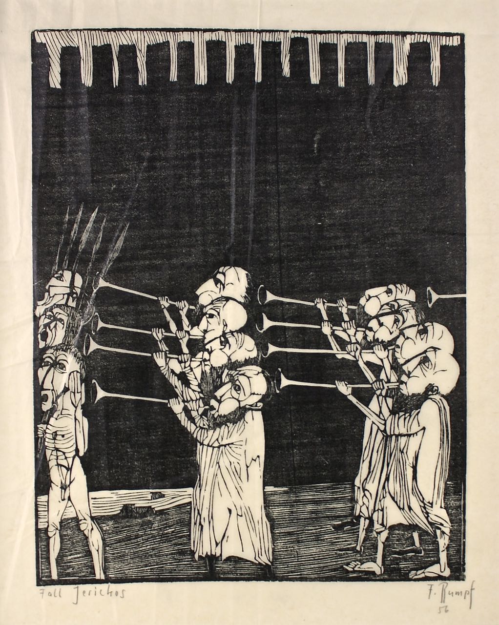 Woodcut, "The Fall of Jericho". Signed & dated 1956. Woodcut, "The Fall of Jericho". Signed & dated 1956.