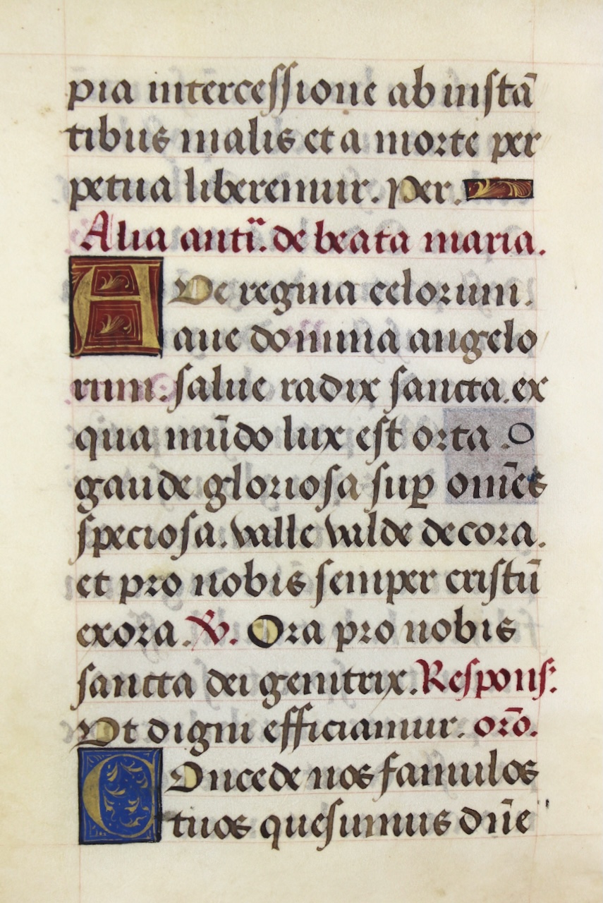 Marian Antiphons in a Book of Hours. c.1500 vellum leaf, France. Marian Antiphons in a Book of Hours. c.1500 vellum leaf, France.