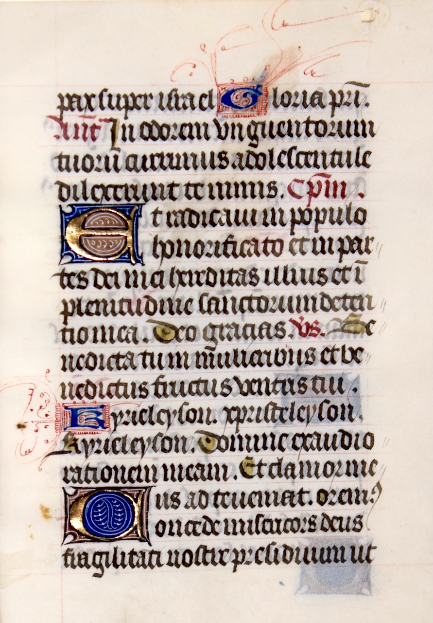Illuminated & coloured initials. Book of Hours leaf, c.1480, France/Flanders. Illuminated & coloured initials. Book of Hours leaf, c.1480, France/Flanders.