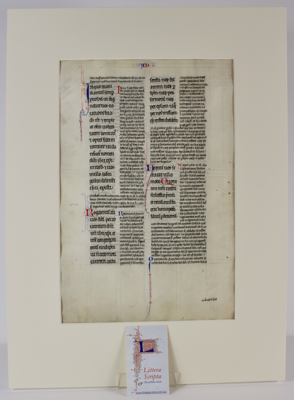 c.1250 manuscript leaf. Peter Lombard's commentary on the Pauline Epistles. c.1250 manuscript leaf. Peter Lombard's commentary on the Pauline Epistles.