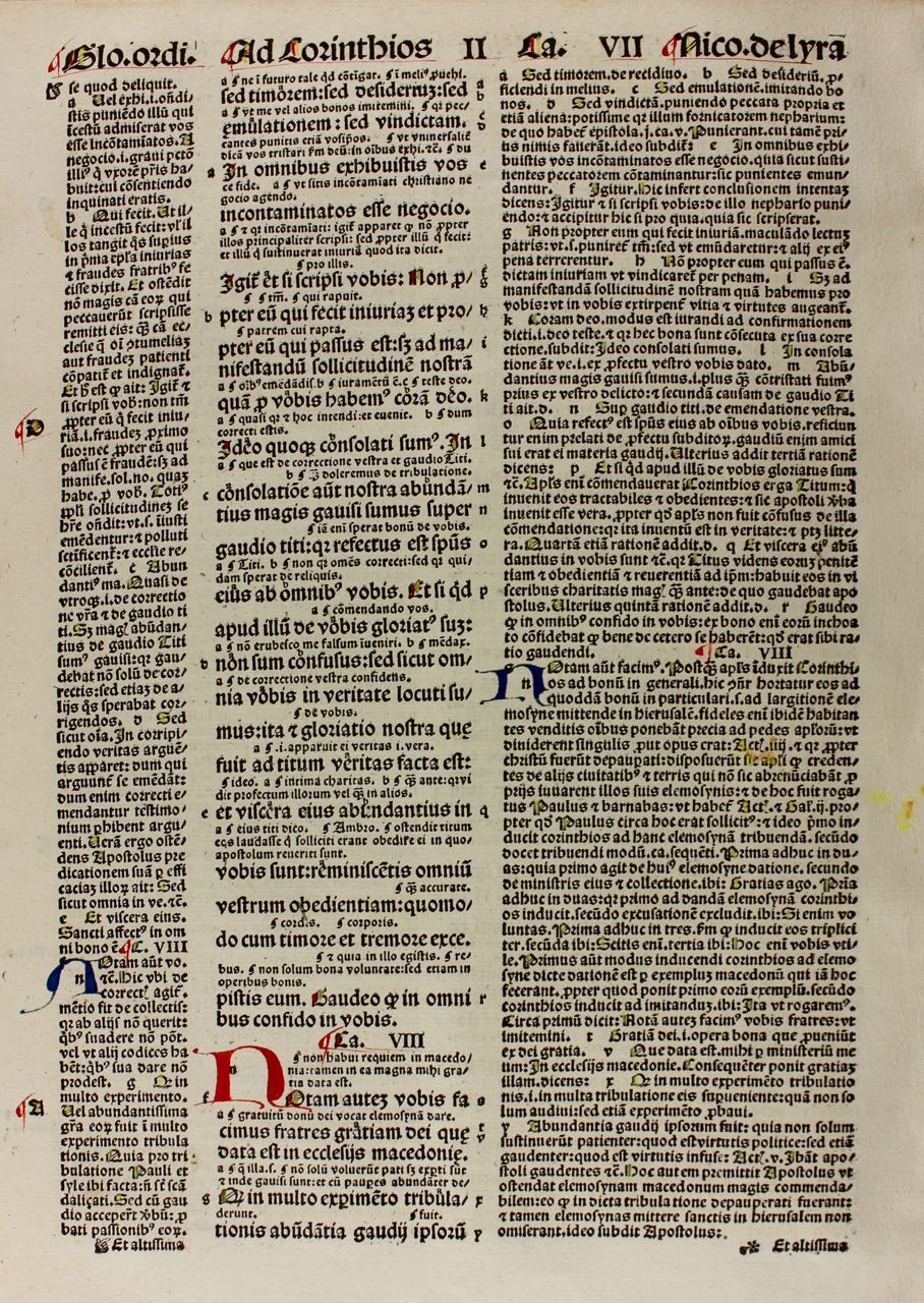 Glossed incunable leaf, 1498. Corinthians II. Glossed incunable leaf, 1498. Corinthians II.