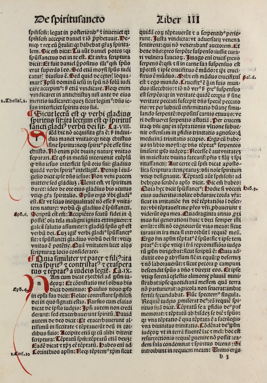 Finely printed & decorated incunable leaf. Works of Saint Ambrose. 1492. Finely printed & decorated incunable leaf. Works of Saint Ambrose. 1492.