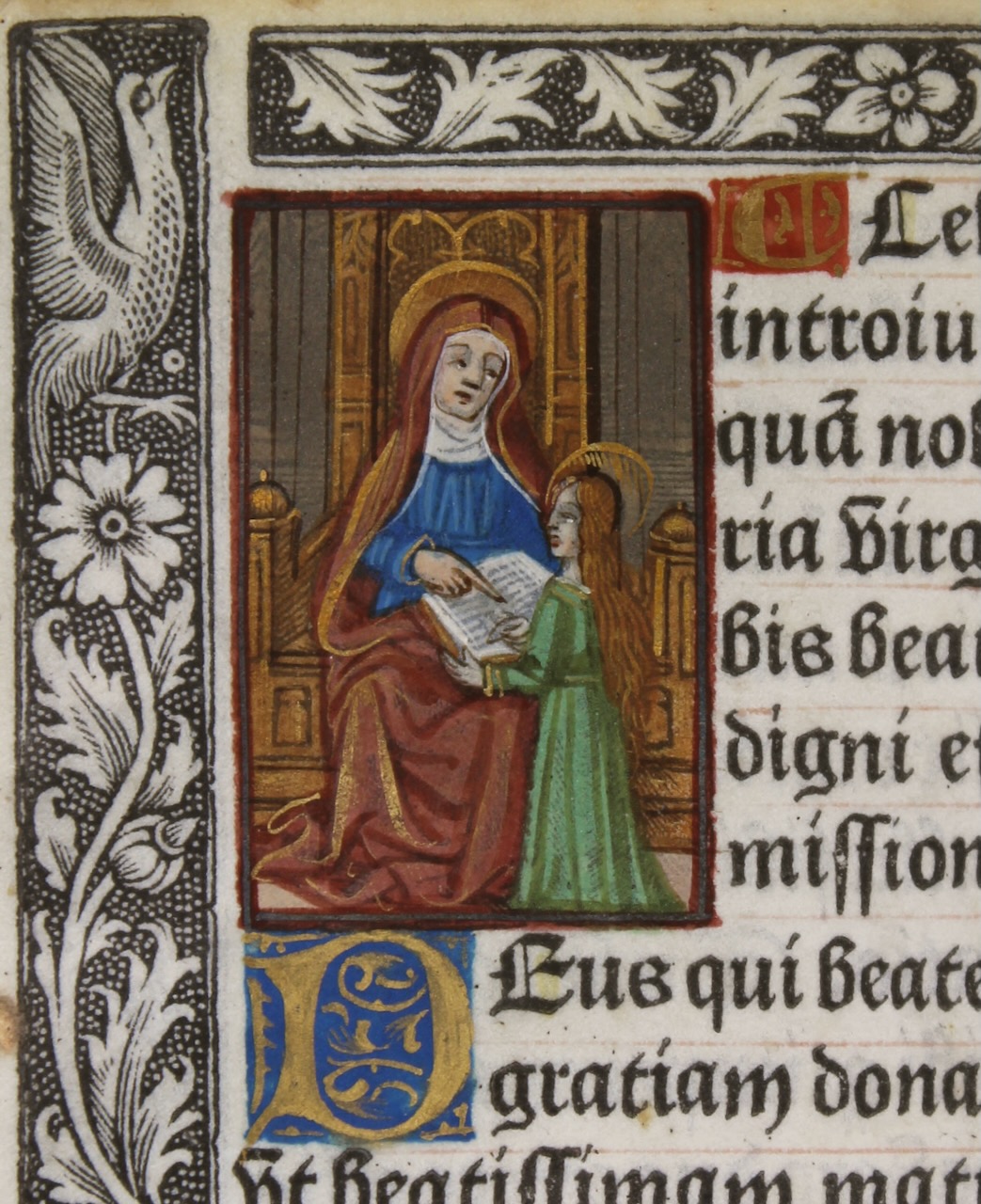 Miniature of St. Anne teaching Mary. Pigouchet/Vostre vellum printed Book of Hours, c.1500. Miniature of St. Anne teaching Mary. Pigouchet/Vostre vellum printed Book of Hours, c.1500.