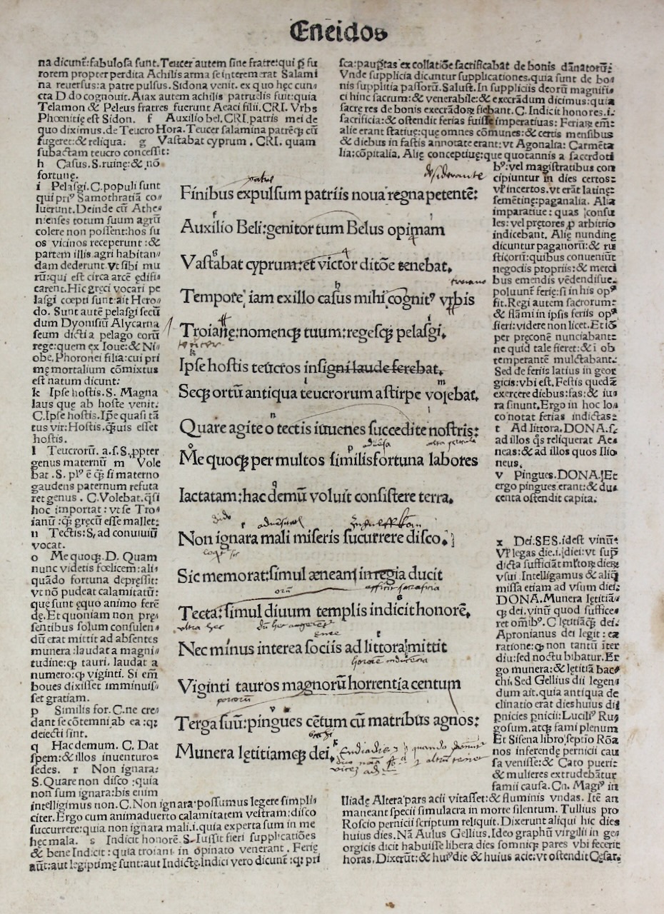 Virgil’s Aeneid. Glossed post incunable leaf, 1502 with inter-linear scholar’s notes. Virgil’s Aeneid. Glossed post incunable leaf, 1502 with inter-linear scholar’s notes.