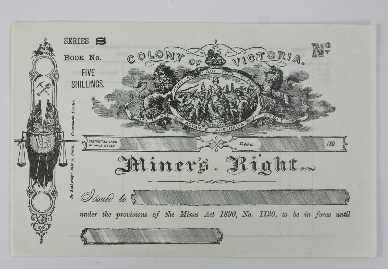 Original unissued Miner's Right, 1890's. Colony of Victoria Original unissued Miner's Right, 1890's. Colony of Victoria